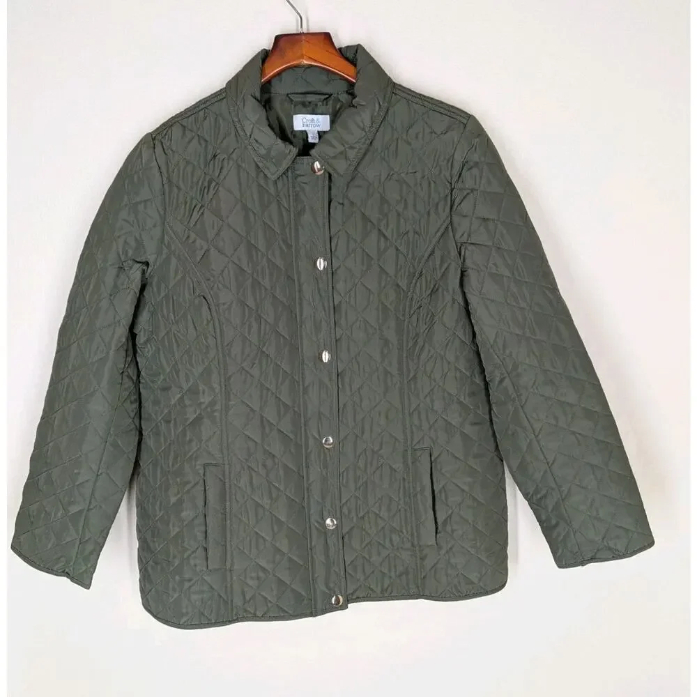 Croft & Barrow Women's Olive Green Quilted Coat Jacket Gold Snaps Size Large